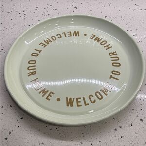 Creative Co-Op Round Enamel Tin Tray Mint Green Welcome to our home 14.5” NWT